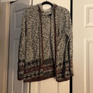 Maurice’s Hooded Knit Maroon/Gray Tribal Print Cardigan w/ Hood, Size XL